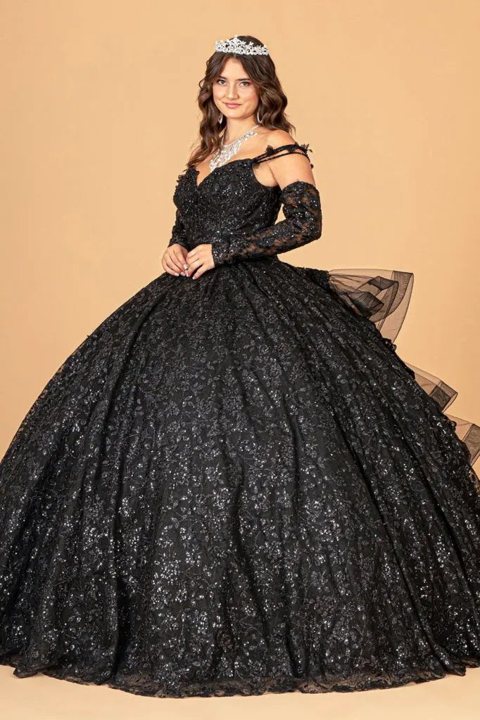 Mesh Detachable Long Sleeves Quinceanera Dress w/ Detachable Ribbon and Ruffled Train by Tux-USA
