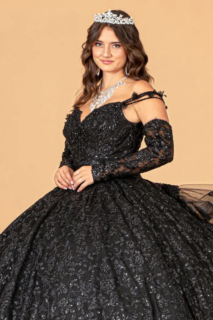 Mesh Detachable Long Sleeves Quinceanera Dress w/ Detachable Ribbon and Ruffled Train by Tux-USA