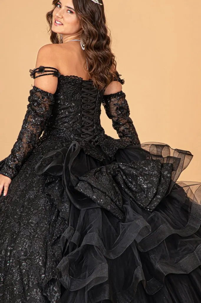 Mesh Detachable Long Sleeves Quinceanera Dress w/ Detachable Ribbon and Ruffled Train by Tux-USA