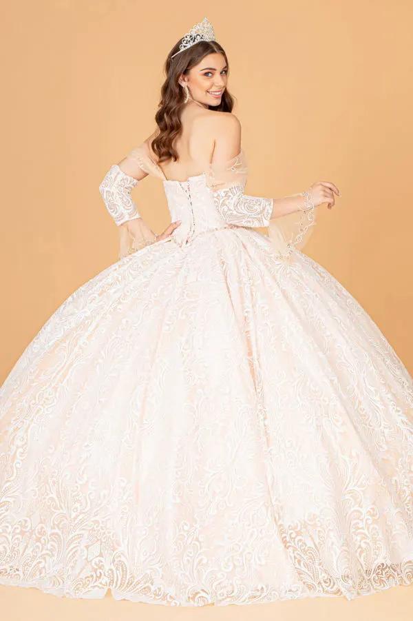 Jewel Mesh Quinceanera Dress w/ Mini Bag and Separate Long Sleeves by Tux-USA
