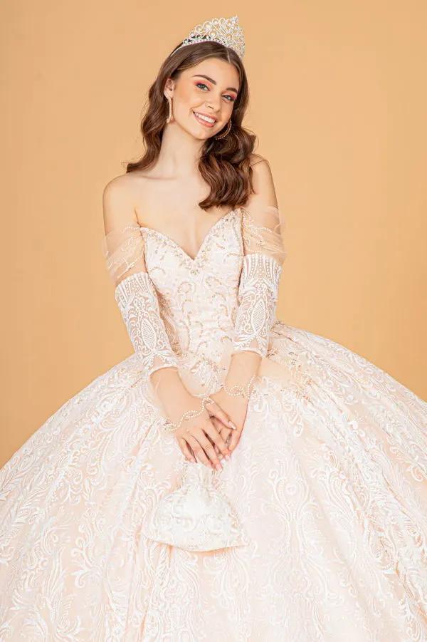 Jewel Mesh Quinceanera Dress w/ Mini Bag and Separate Long Sleeves by Tux-USA