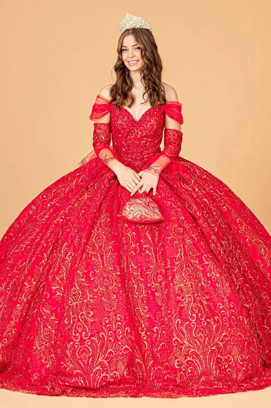Jewel Mesh Quinceanera Dress w/ Mini Bag and Separate Long Sleeves by Tux-USA