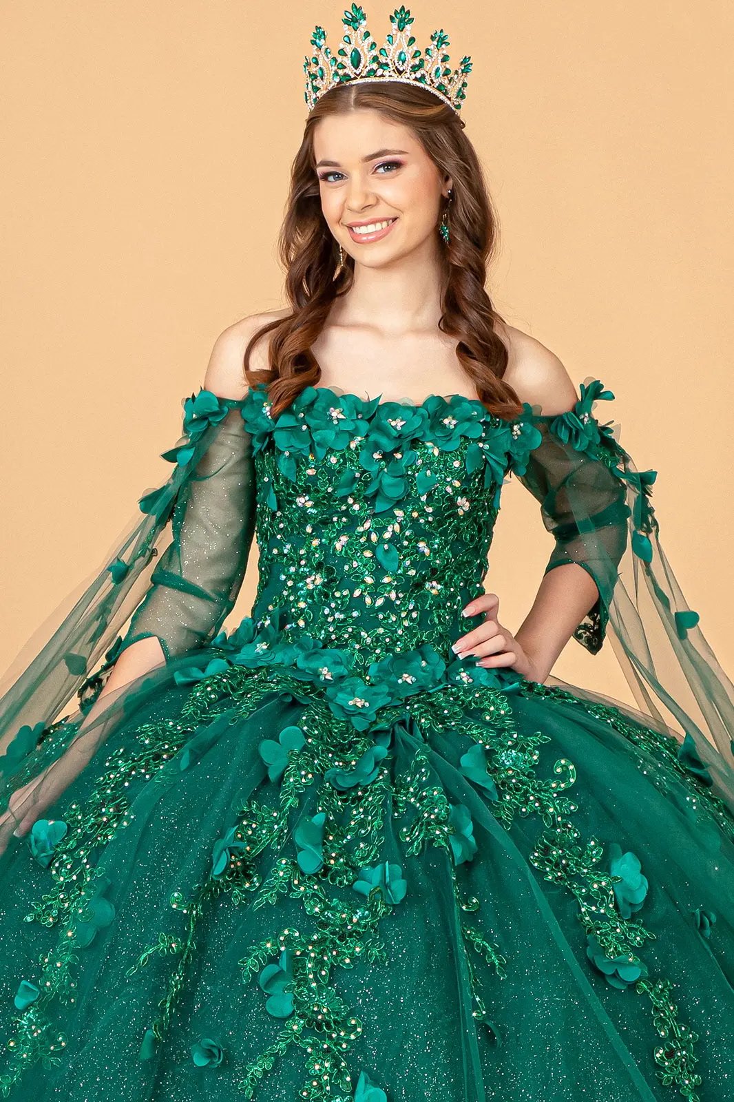 Off Shoulder Mesh Quinceanera Gown w/ Shoulder Side Mesh Drapes by Tux-USA