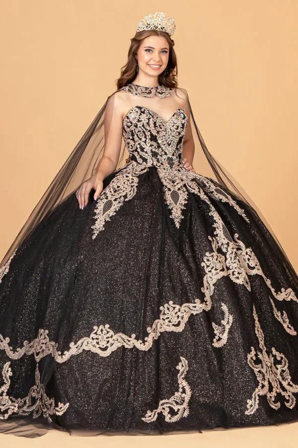 Glitter Jewel Embellished Quinceanera Gown w/ Long Mesh Cape by Tux-USA