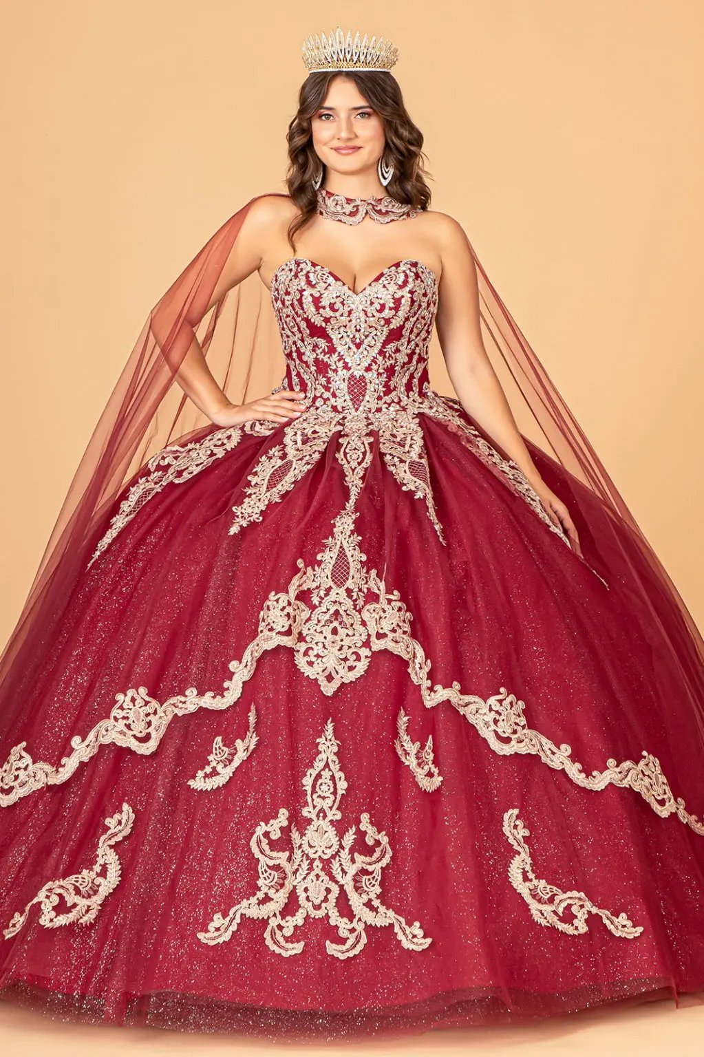 Glitter Jewel Embellished Quinceanera Gown w/ Long Mesh Cape by Tux-USA