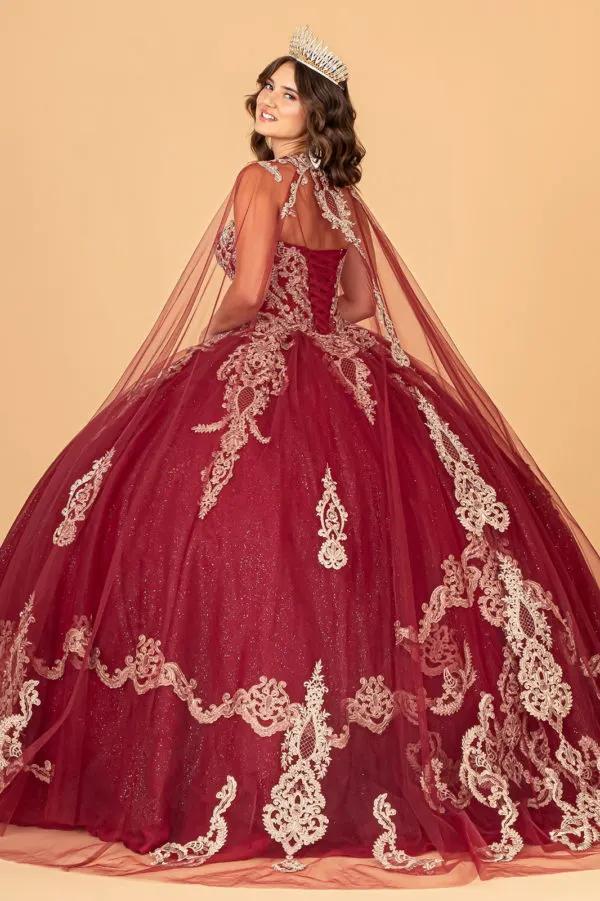Glitter Jewel Embellished Quinceanera Gown w/ Long Mesh Cape by Tux-USA