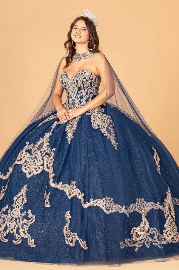 Glitter Jewel Embellished Quinceanera Gown w/ Long Mesh Cape by Tux-USA
