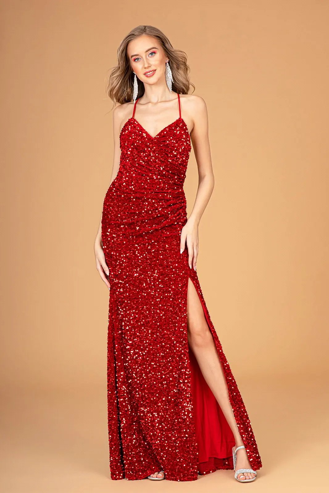 Evening Dress Halter Neck Velvet Sequin Ruched Bodice Open Back by Tux-USA