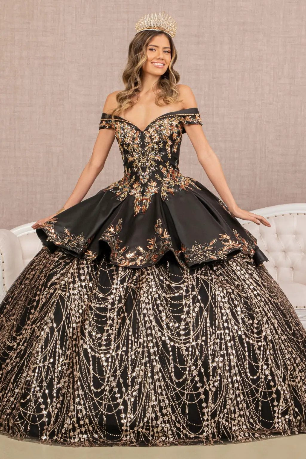 Off Shoulder Satin Quinceanera Ball Gown Embellished with Gold Embroidery by Tux-USA