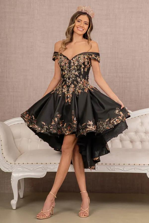 Off Shoulder Satin Quinceanera Ball Gown Embellished with Gold Embroidery by Tux-USA