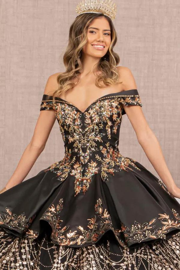 Off Shoulder Satin Quinceanera Ball Gown Embellished with Gold Embroidery by Tux-USA