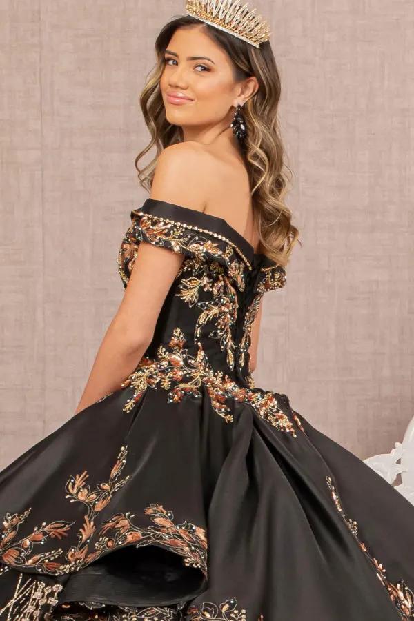Off Shoulder Satin Quinceanera Ball Gown Embellished with Gold Embroidery by Tux-USA