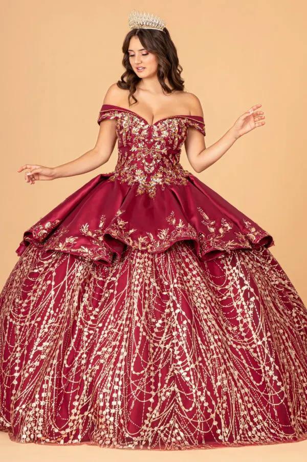 Off Shoulder Satin Quinceanera Ball Gown Embellished with Gold Embroidery by Tux-USA