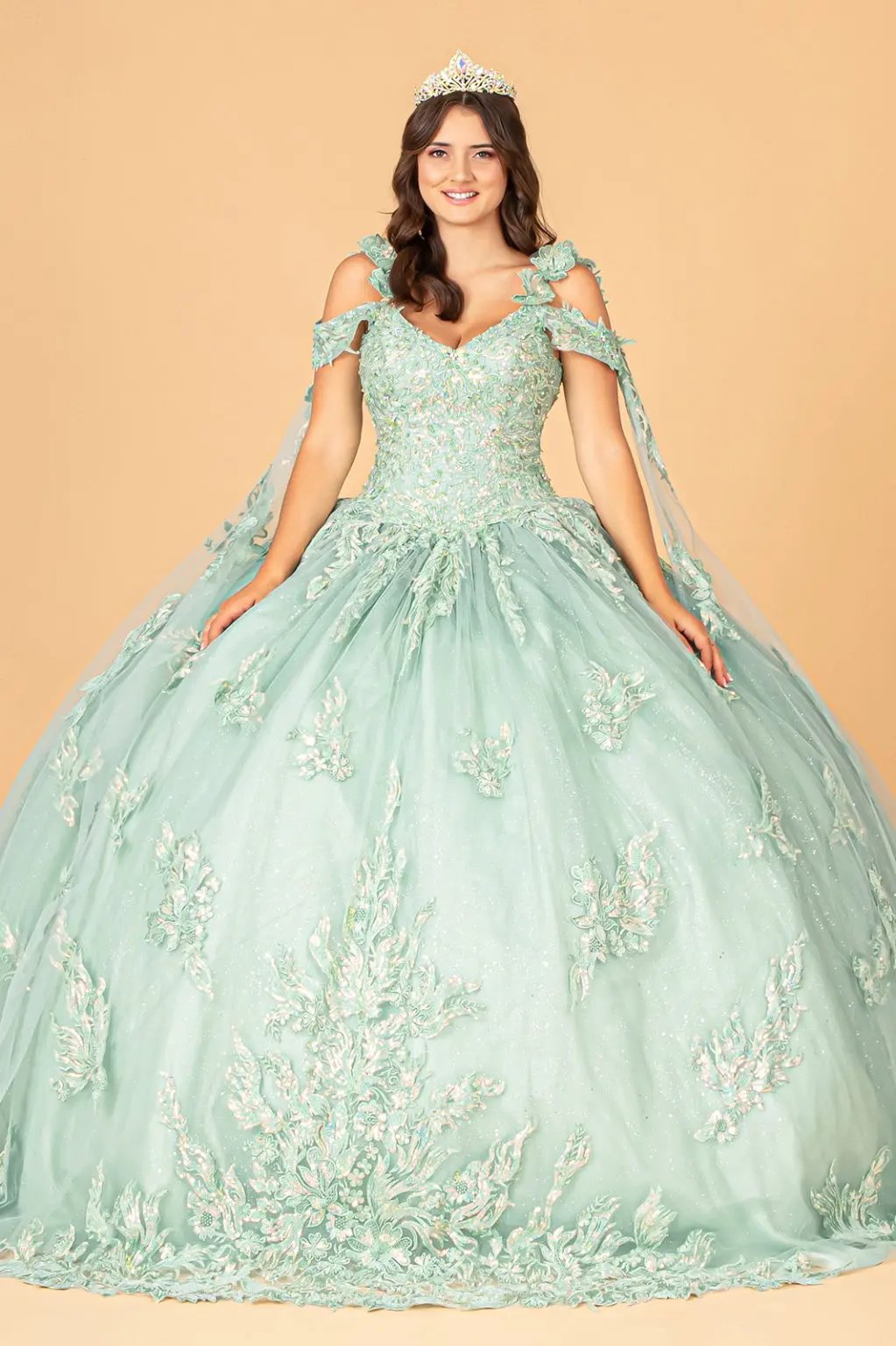 3-D Flower Applique Mesh Quinceanera Ball Gown with Side Mesh Drapes by Tux-USA