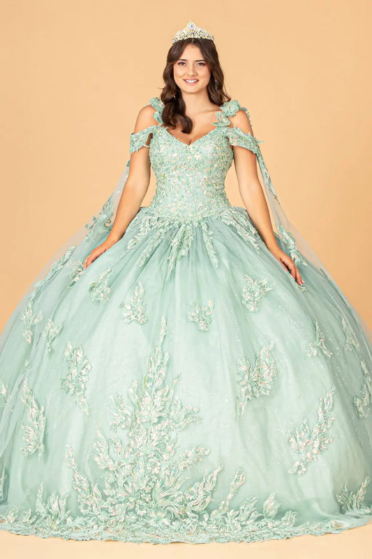 3-D Flower Applique Mesh Quinceanera Ball Gown with Side Mesh Drapes by Tux-USA