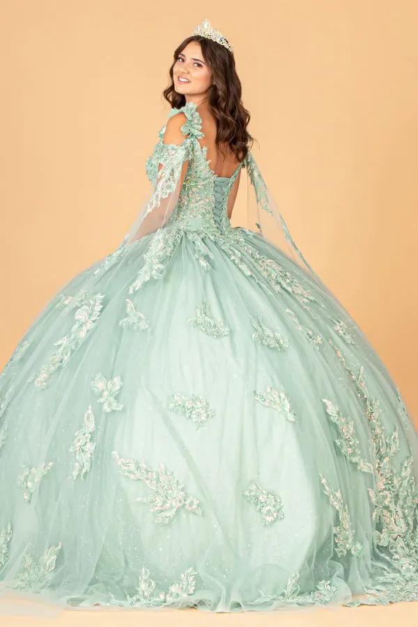 3-D Flower Applique Mesh Quinceanera Ball Gown with Side Mesh Drapes by Tux-USA
