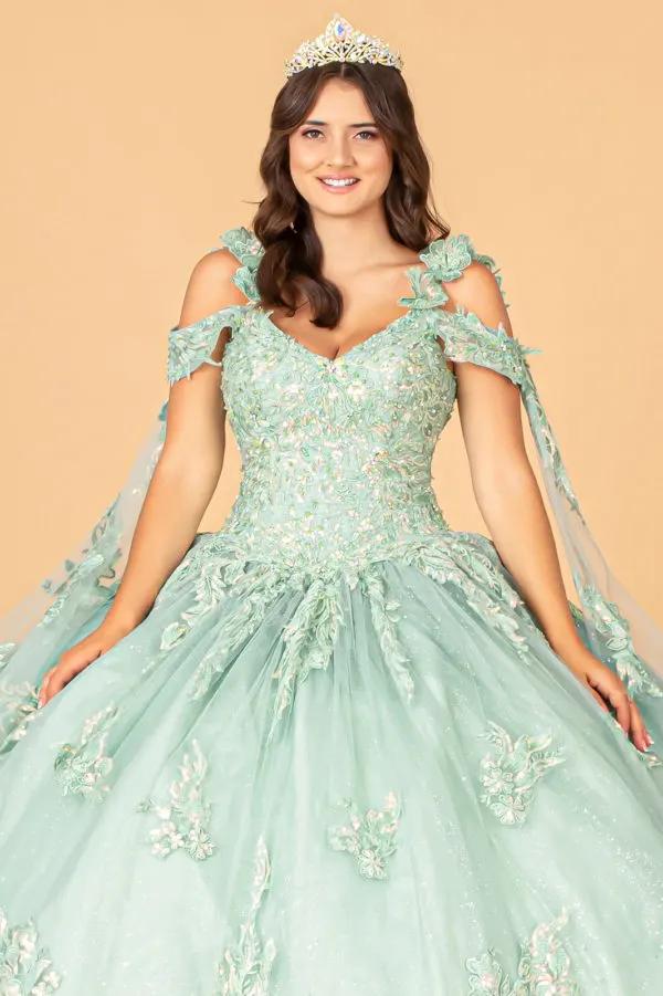 3-D Flower Applique Mesh Quinceanera Ball Gown with Side Mesh Drapes by Tux-USA