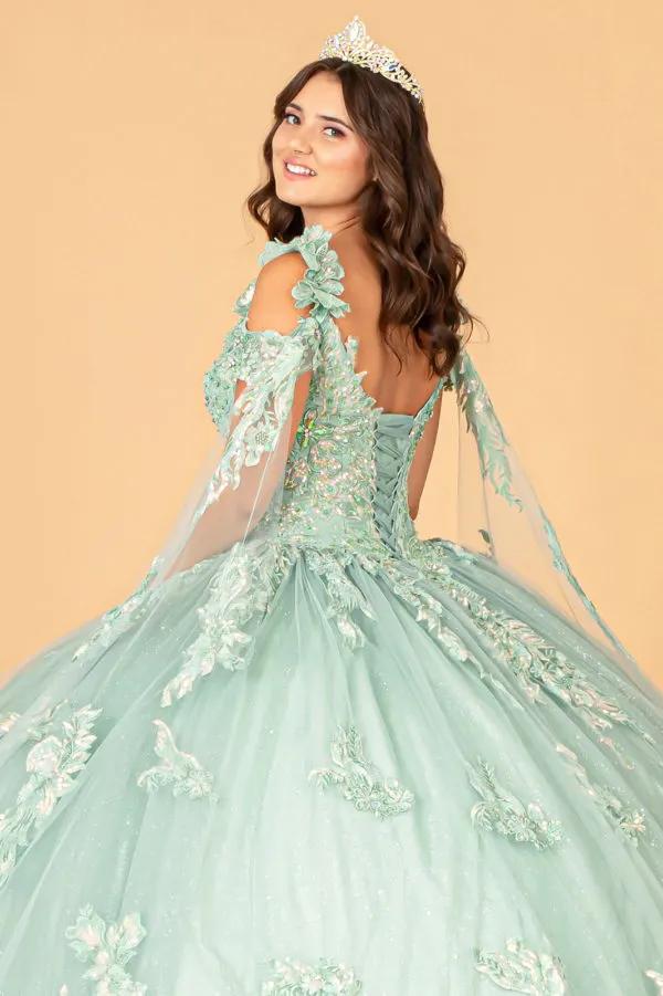 3-D Flower Applique Mesh Quinceanera Ball Gown with Side Mesh Drapes by Tux-USA