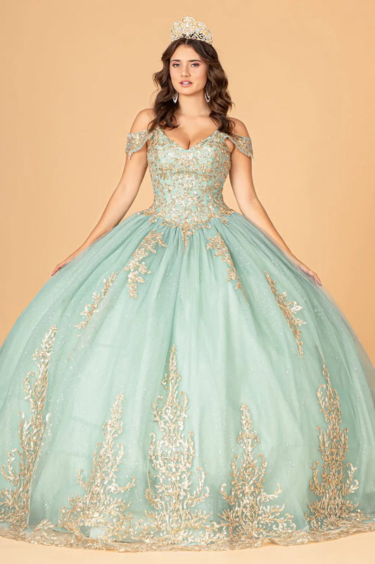 Gold Embroidered Mesh Quinceanera Ball Gown w/ Corset Back by Tux-USA