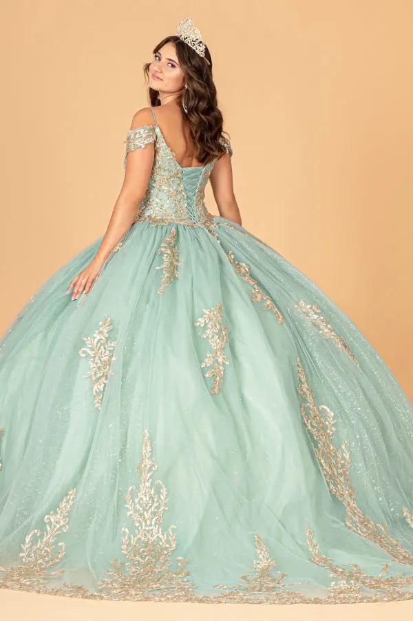 Gold Embroidered Mesh Quinceanera Ball Gown w/ Corset Back by Tux-USA