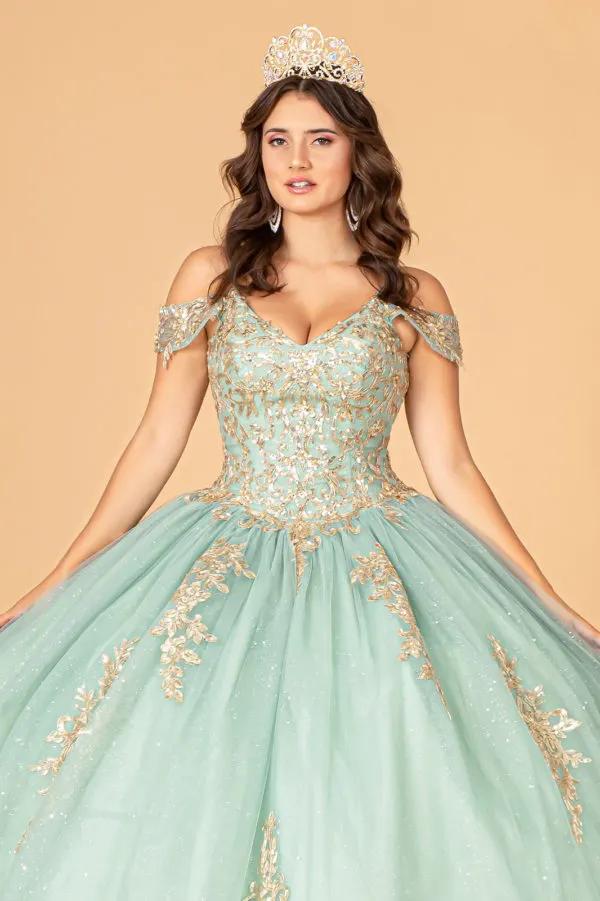 Gold Embroidered Mesh Quinceanera Ball Gown w/ Corset Back by Tux-USA