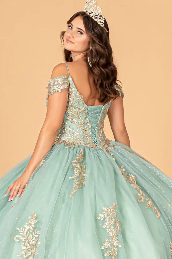 Gold Embroidered Mesh Quinceanera Ball Gown w/ Corset Back by Tux-USA