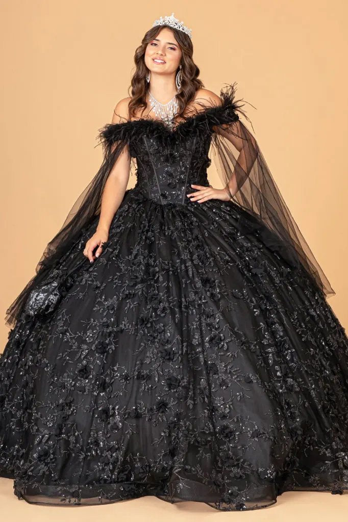 Mesh Quinceanera Dress w/ Side Mesh Drape and Detachable Feather Embellishment by Tux-USA