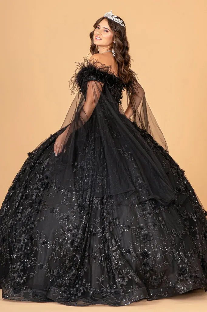 Mesh Quinceanera Dress w/ Side Mesh Drape and Detachable Feather Embellishment by Tux-USA