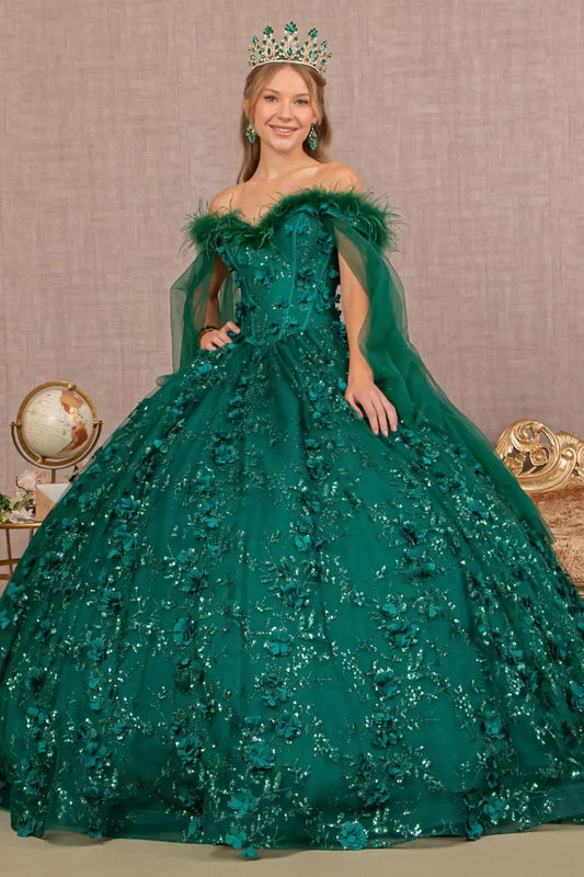 Mesh Quinceanera Dress w/ Side Mesh Drape and Detachable Feather Embellishment by Tux-USA