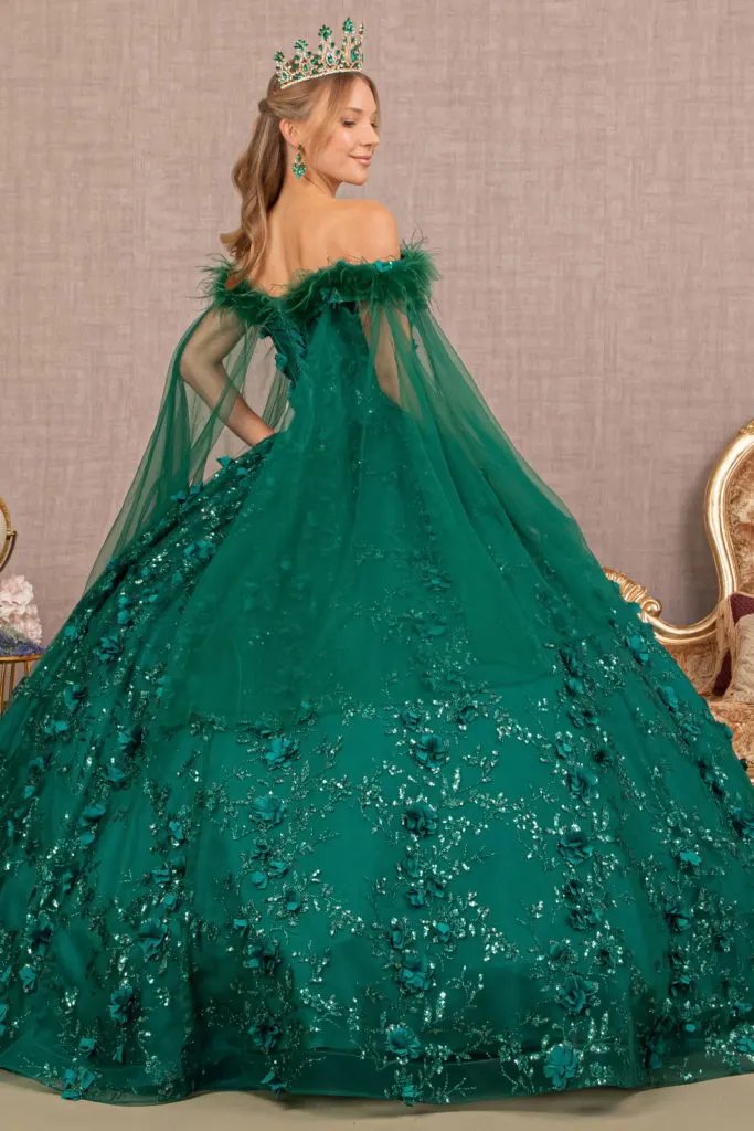 Mesh Quinceanera Dress w/ Side Mesh Drape and Detachable Feather Embellishment by Tux-USA