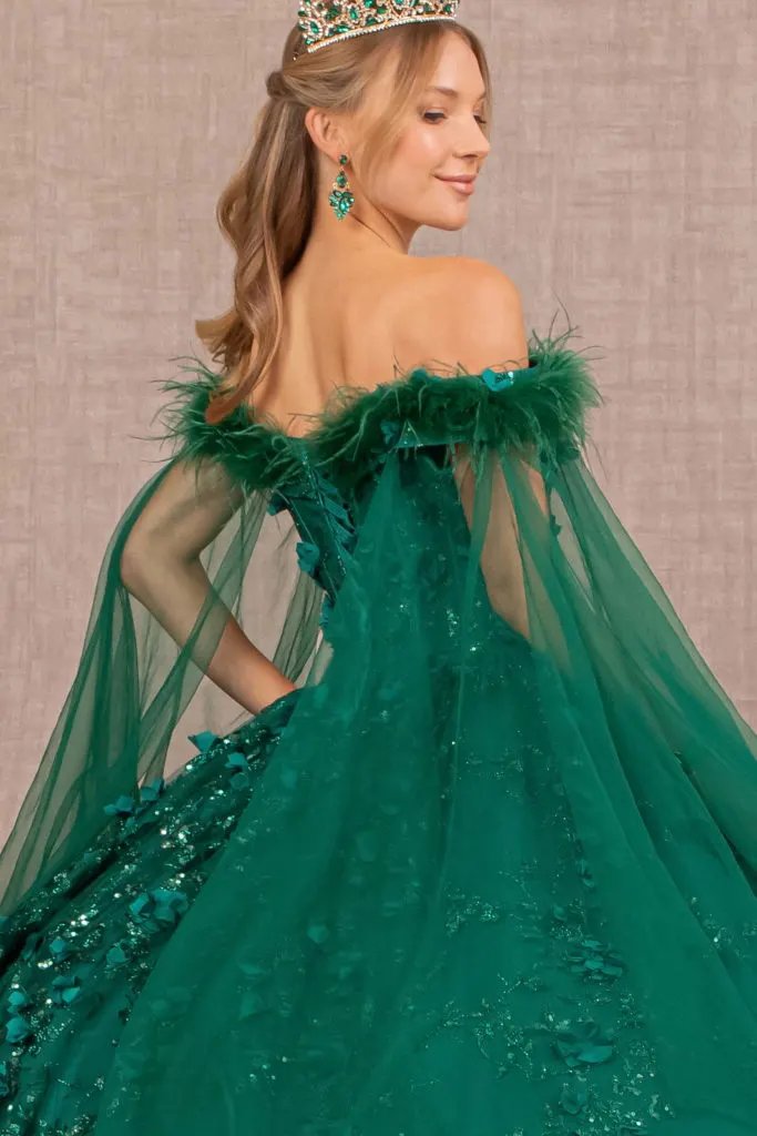 Mesh Quinceanera Dress w/ Side Mesh Drape and Detachable Feather Embellishment by Tux-USA