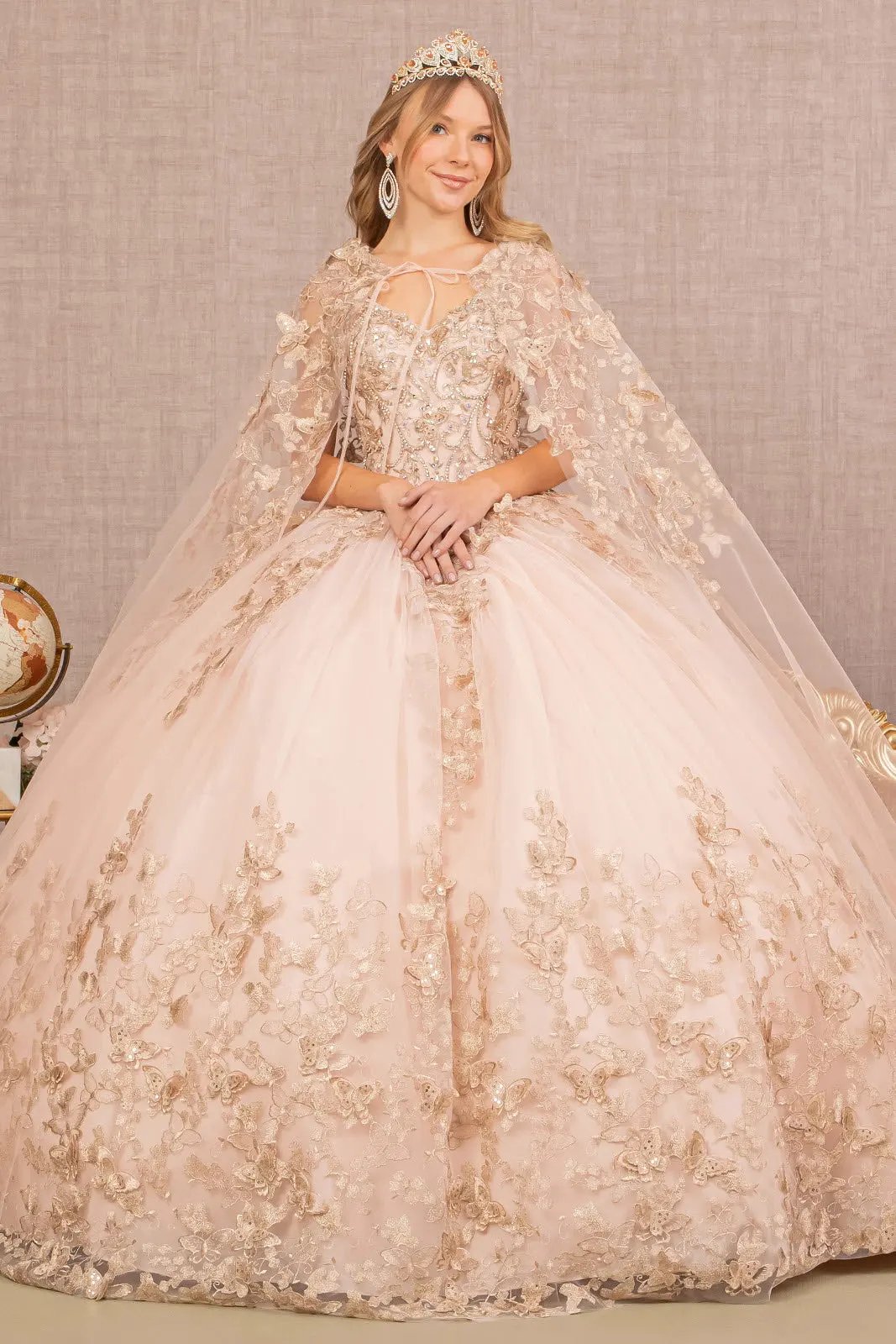 Jewel Mesh Quinceanera Gown w/ 3-D Butterfly Appliques and Long Mesh Cape by Tux-USA