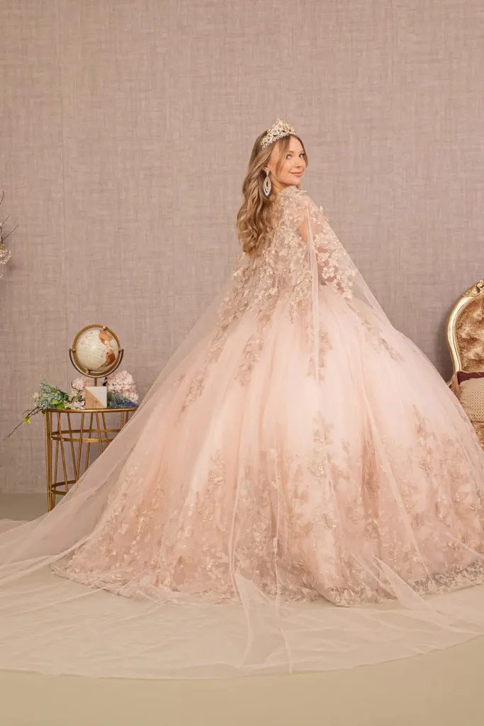 Jewel Mesh Quinceanera Gown w/ 3-D Butterfly Appliques and Long Mesh Cape by Tux-USA