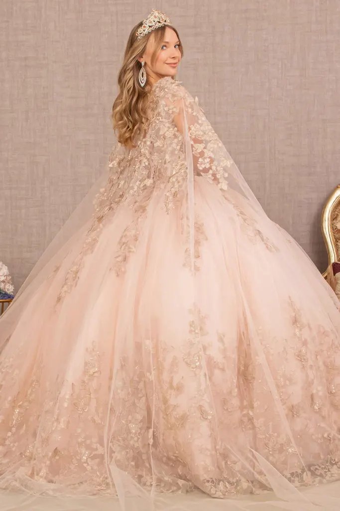 Jewel Mesh Quinceanera Gown w/ 3-D Butterfly Appliques and Long Mesh Cape by Tux-USA