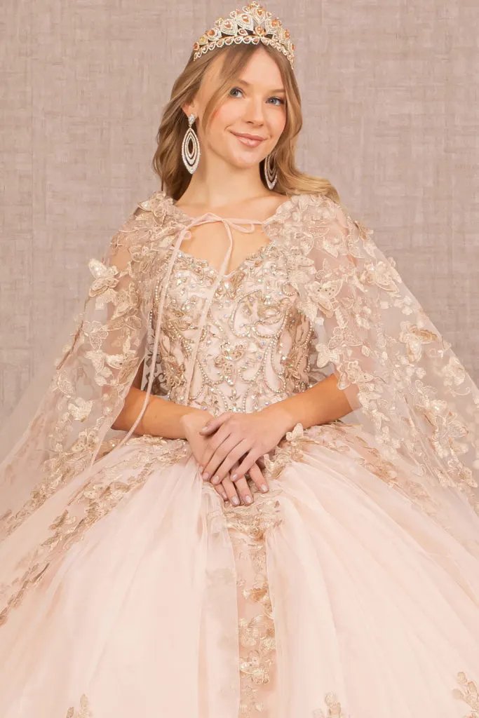 Jewel Mesh Quinceanera Gown w/ 3-D Butterfly Appliques and Long Mesh Cape by Tux-USA