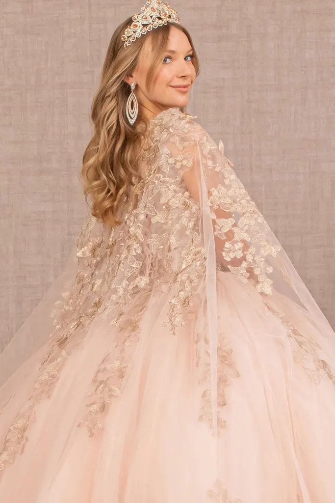 Jewel Mesh Quinceanera Gown w/ 3-D Butterfly Appliques and Long Mesh Cape by Tux-USA