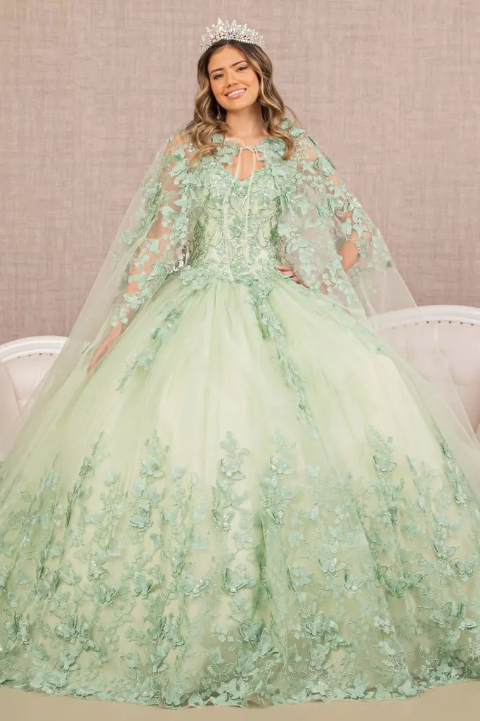 Jewel Mesh Quinceanera Gown w/ 3-D Butterfly Appliques and Long Mesh Cape by Tux-USA