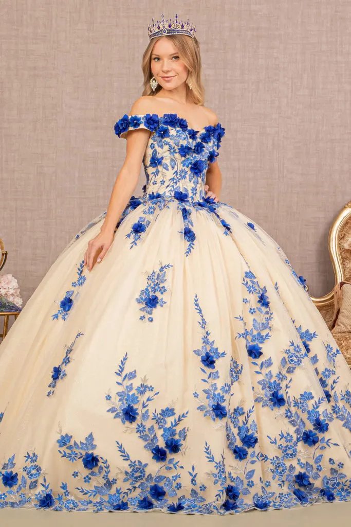 3-D Flower Embroidery Off Shoulder Mesh Quinceanera Gown by Tux-USA