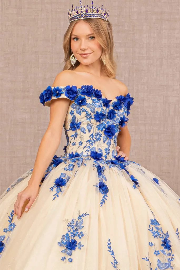 3-D Flower Embroidery Off Shoulder Mesh Quinceanera Gown by Tux-USA