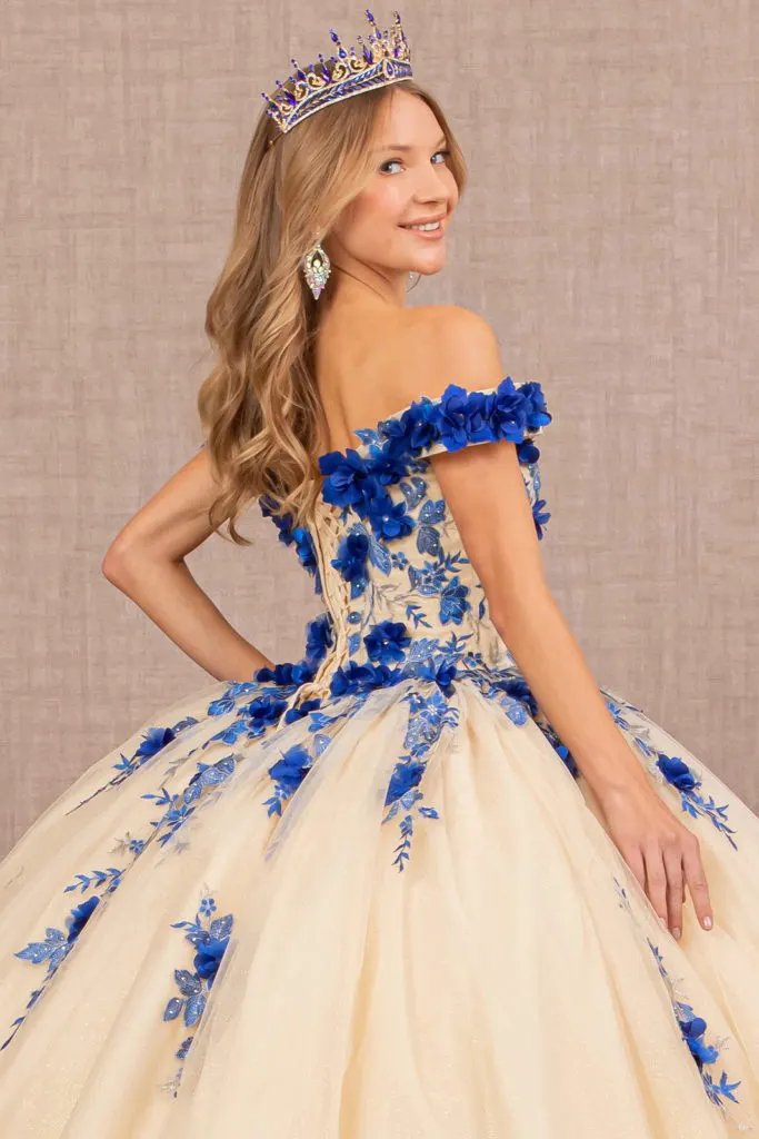 3-D Flower Embroidery Off Shoulder Mesh Quinceanera Gown by Tux-USA