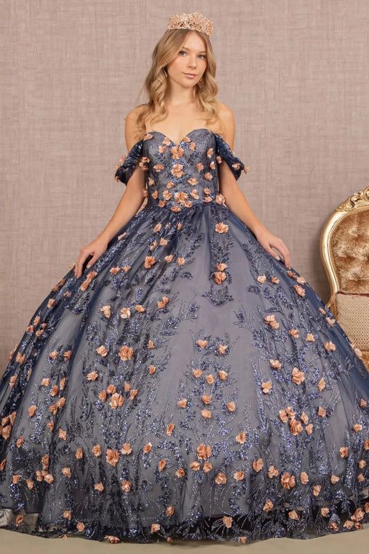 3-D Flower Applique Glitter Off Shoulder Mesh Quinceanera Dress by Tux-USA