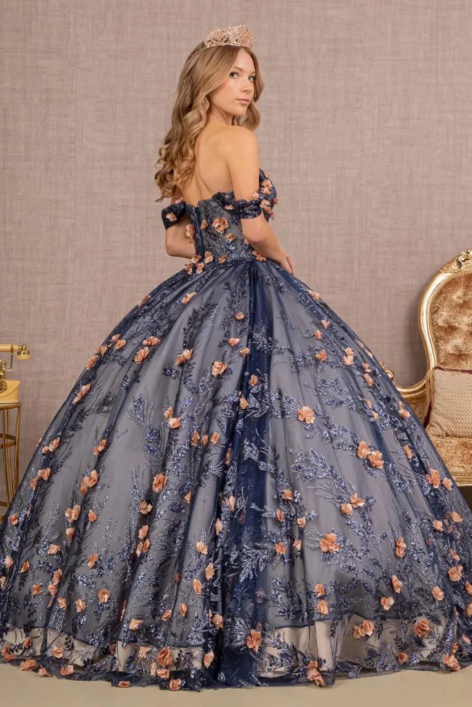 3-D Flower Applique Glitter Off Shoulder Mesh Quinceanera Dress by Tux-USA