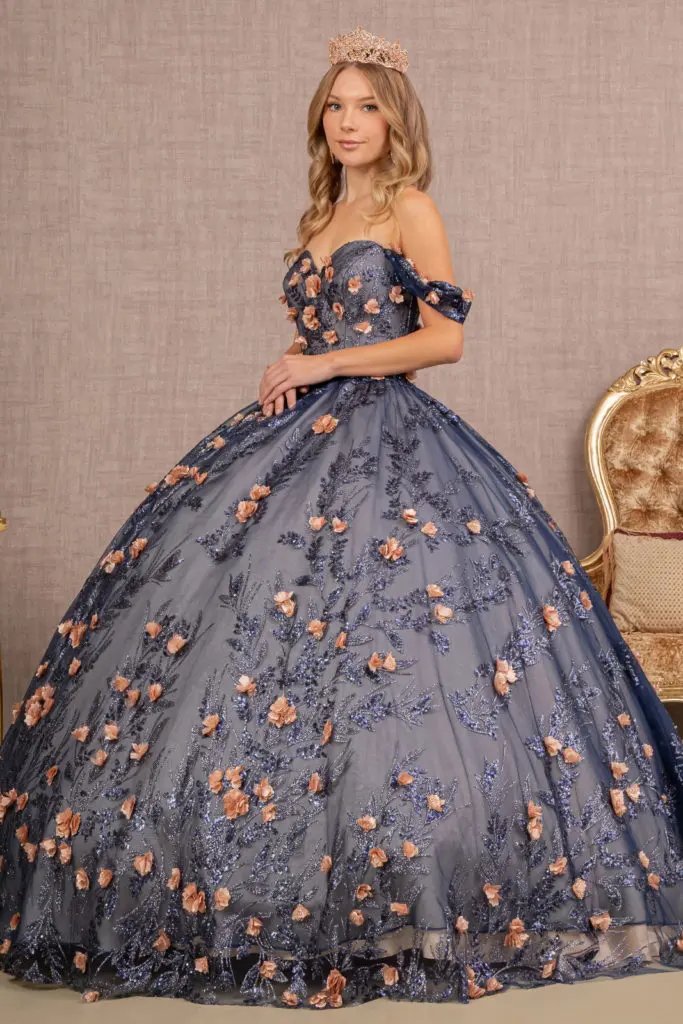 3-D Flower Applique Glitter Off Shoulder Mesh Quinceanera Dress by Tux-USA