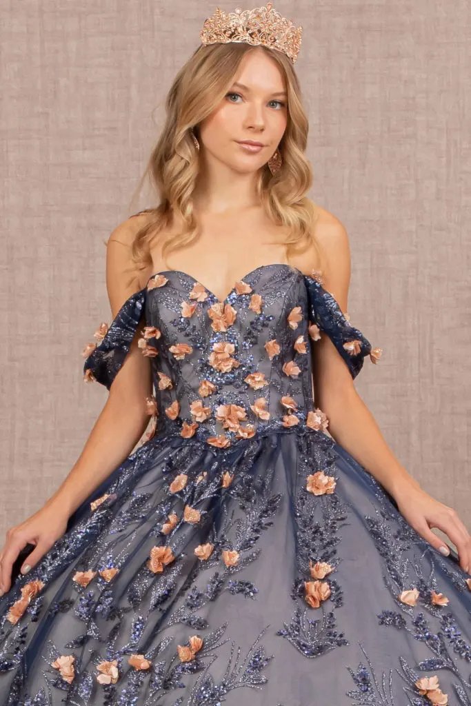 3-D Flower Applique Glitter Off Shoulder Mesh Quinceanera Dress by Tux-USA