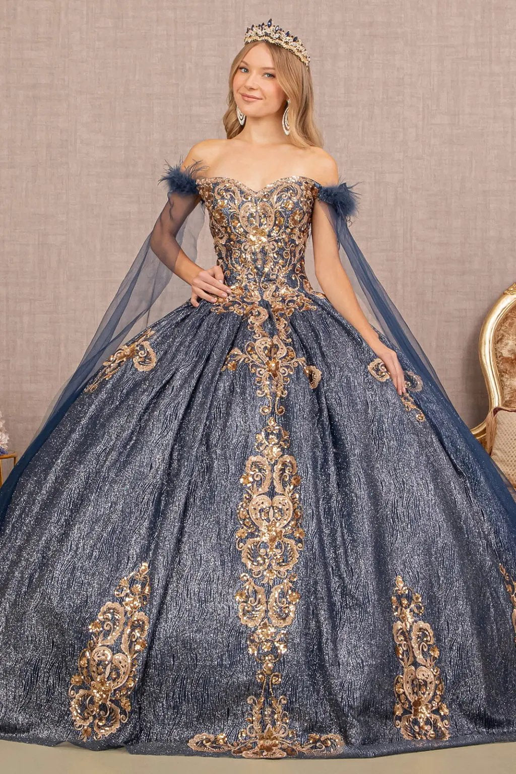 Feather Sequin Quinceanera Gown w/ Detachable Side Mesh Layer by Tux-USA