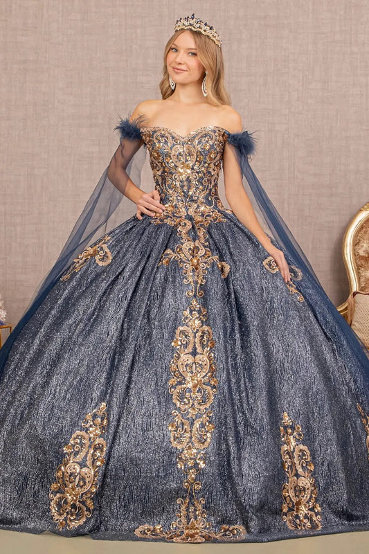 Feather Sequin Quinceanera Gown w/ Detachable Side Mesh Layer by Tux-USA