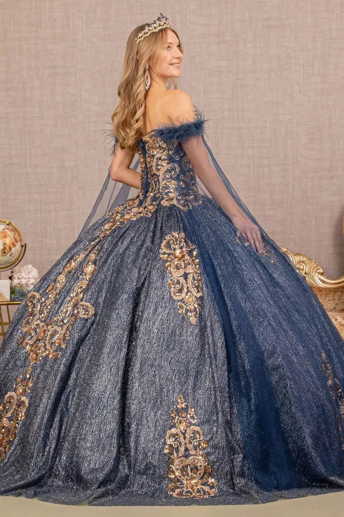 Feather Sequin Quinceanera Gown w/ Detachable Side Mesh Layer by Tux-USA