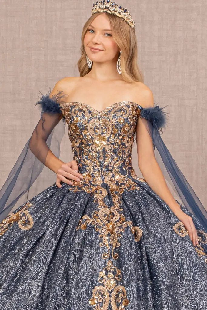 Feather Sequin Quinceanera Gown w/ Detachable Side Mesh Layer by Tux-USA