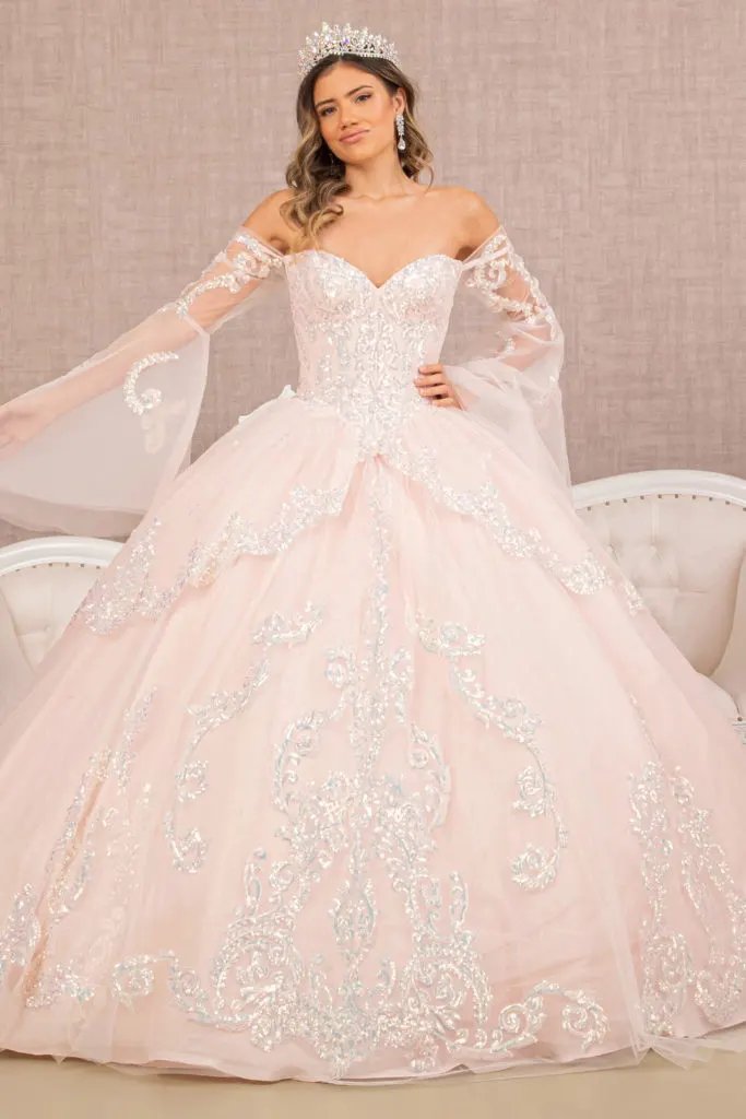 Glitter Layered Hem Quinceanera Gown w/ Long Mesh Sleeves by Tux-USA
