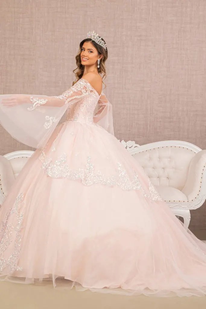 Glitter Layered Hem Quinceanera Gown w/ Long Mesh Sleeves by Tux-USA